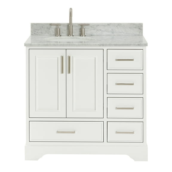 Ariel Stafford 37 Inch Single Left Offset Oval Sink Vanity With Carrara White Marble Countertop W/0.75" Edge In White