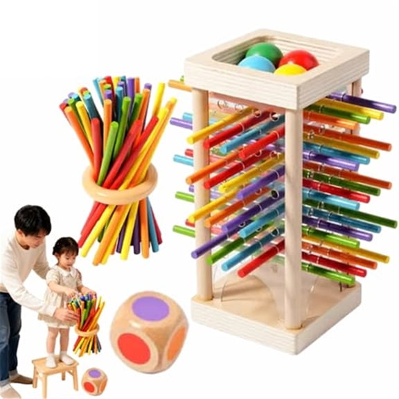 CHENjy Wooden Pick-Up Sticks Game with Colorful Sticks and Dice Tower for Family Party Game Night