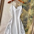 thumbnail image 4 of Women's Cool Glossy Imitation Silk Sleep Slip Dress, Delicate Lace Trim Cowl Neck Side Split Backless Spaghetti Strap Mini Nightgown White M(M), 4 of 7