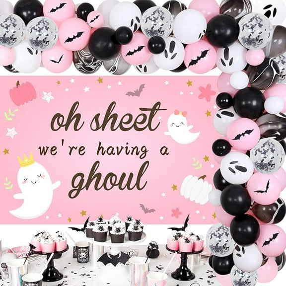 Halloween Baby Shower Decorations for Girl Pink Halloween Balloon Garland Arch Kit with We're Having A Ghoul Backdrop, 3D Bat Wall Stickers, Baby Girl Is Brewing Party Supplies