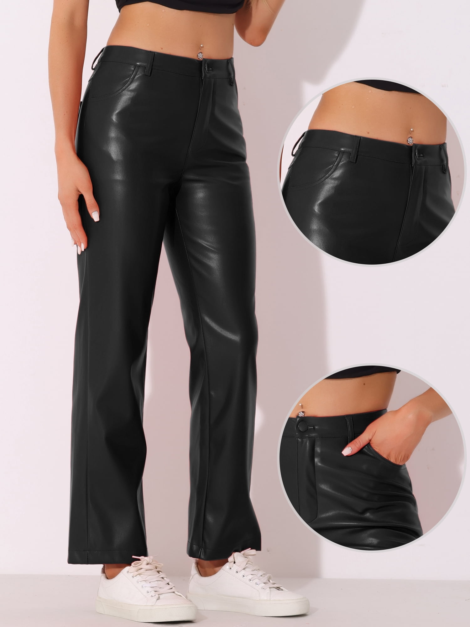 DARING DIVA Women's Faux Leather High Waist Straight Leg PU Punk Trousers S Black