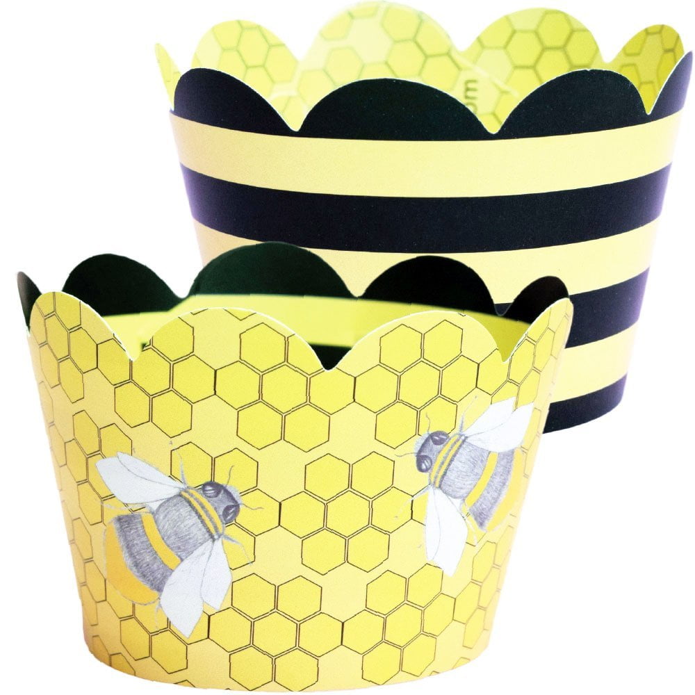 Bumble Bee Cupcake Wrappers, 36 Reversible Yellow and Black Stripe Girl