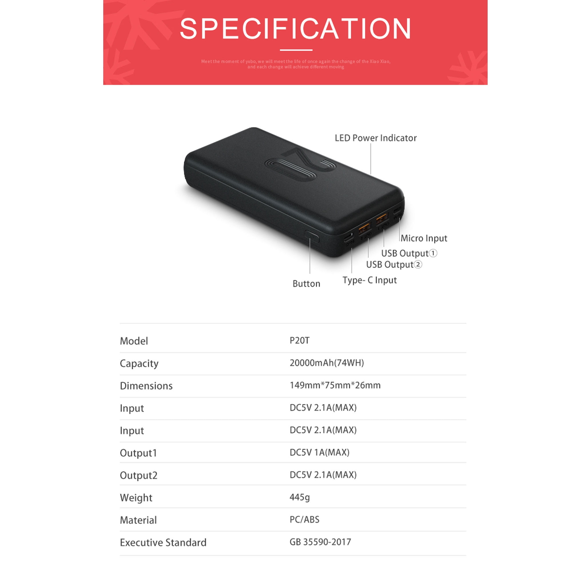 Portable Battery Backup Charger 20000mAh Compact External Power Bank, Compatible with iPhone Samasung Google OnePlus Phones & More Micro & USB-C Battery /Black P20T