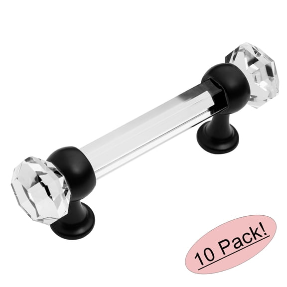 10 Pack - Cosmas 6393FB-C Flat Black with Clear Glass Cabinet Handle Pull - 3" Inch (76mm) Hole Centers