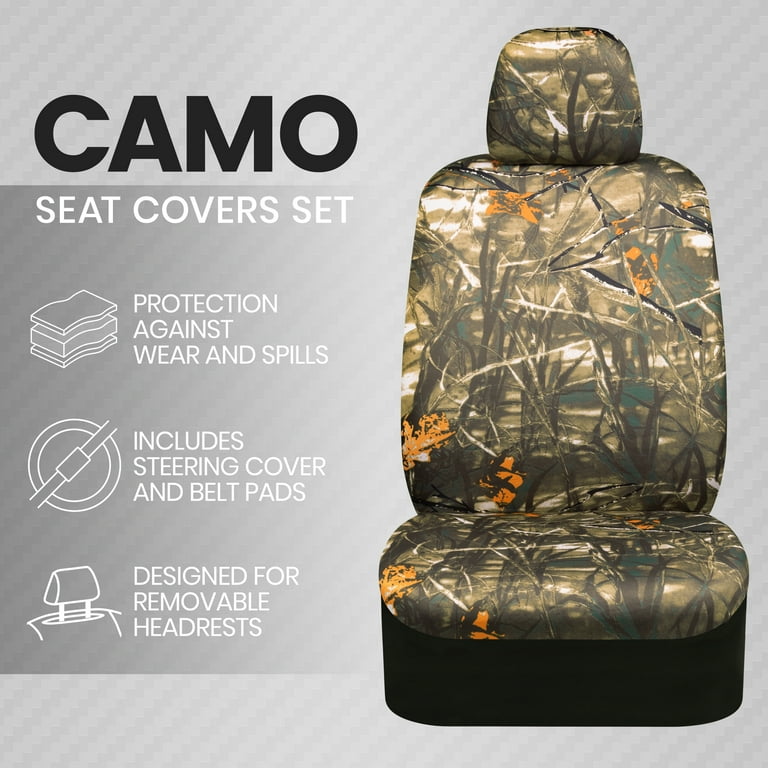 BDK Hunter Camo Car Seat Covers Full Set with Steering Wheel Cover and Seat Belt Pads Real Mossy Tree Oak Forest Camouflage Pattern Automotive Front Bench Back Seat Cover for