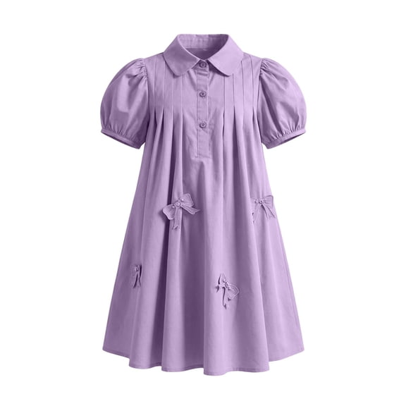 IVEYRTF Girls Shirt Dress Back Cut Out with Big Bow Bubble Sleeve Kids Summer Party Fashion Solid Color Knee Length Drerss