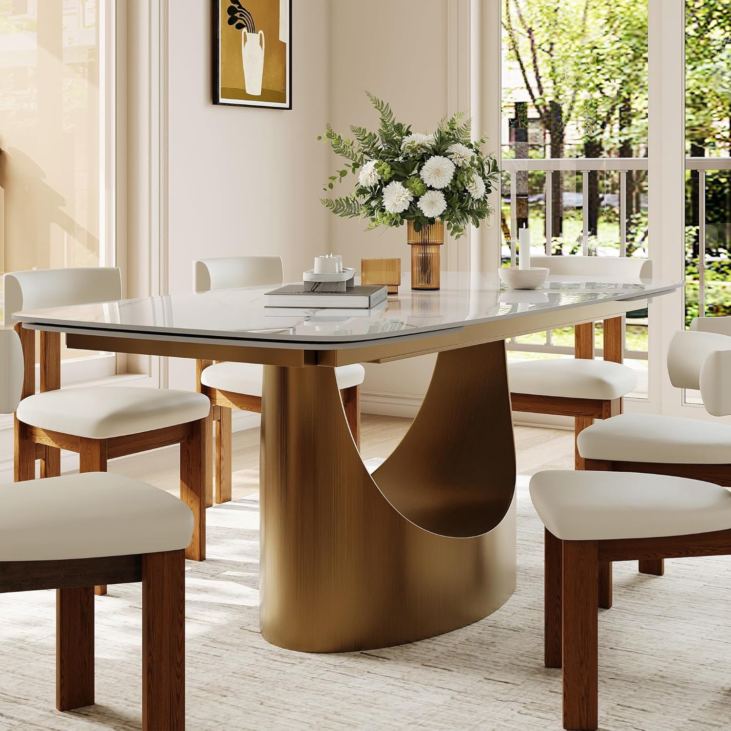 Extendable Dining Room Table for 6-12, Modern Dining Table 63" to 95" Expandable Dining Table, Faux Marble Rectangle Dining Table with Carbon Steel Base for Kitchen (Table Only)