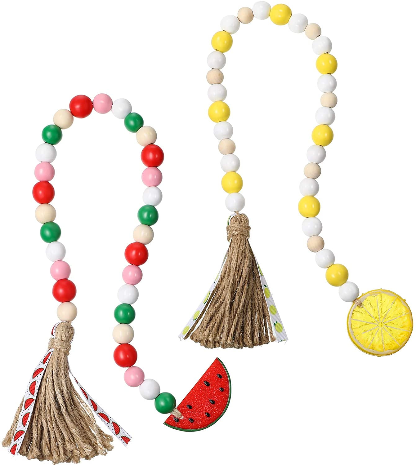 Set of 2 Handmade Wood Bead Hanging Decor with Tassel and Lemons Garland 