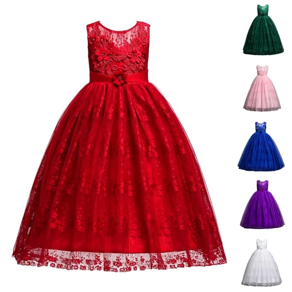 Girls Dress Floral Embroidered Lace Sleeveless Tulle Wedding Bridesmaid Birthday Formal Party Long Tutu Dresses Kids Princess Evening Prom Ball Gown Pink 14-15Years