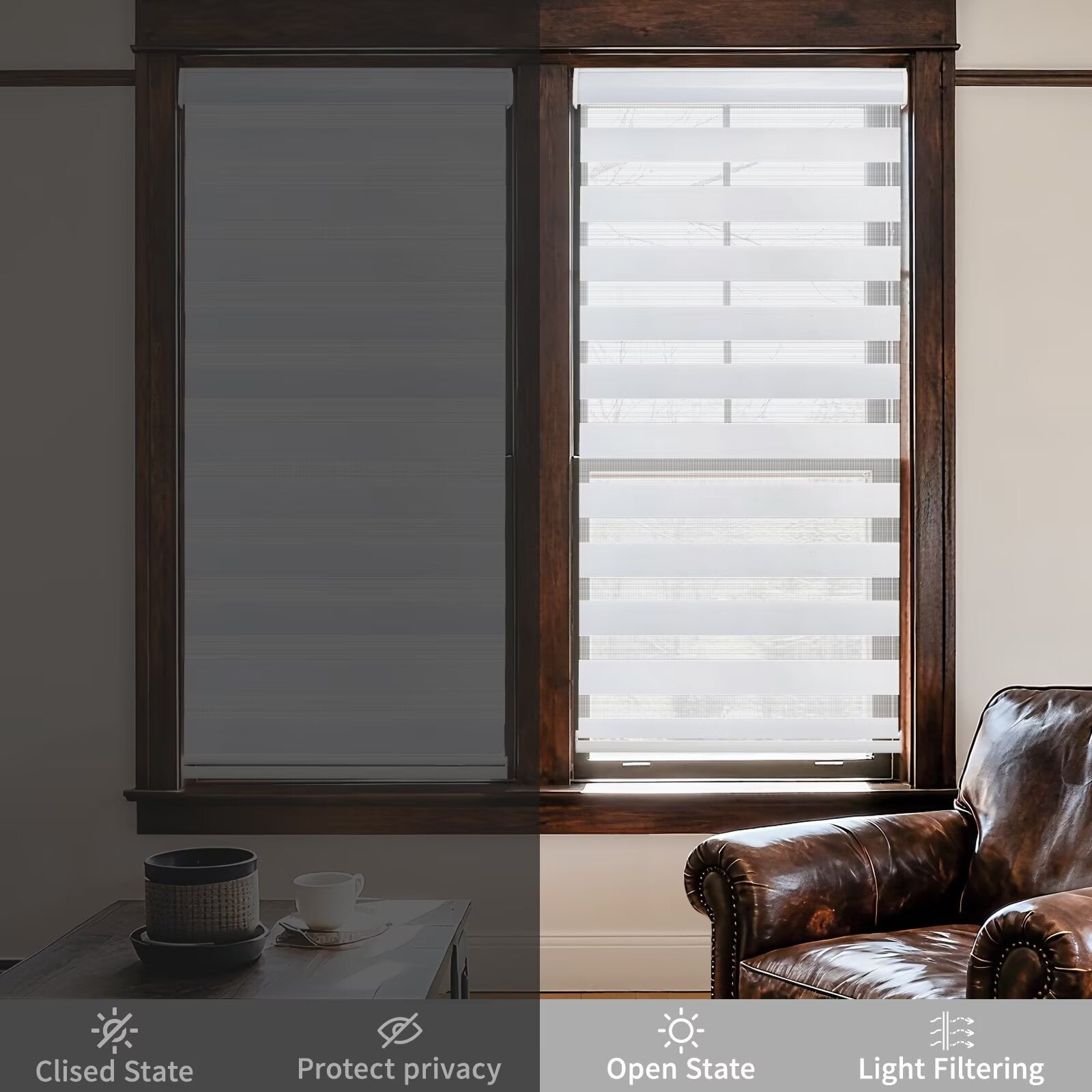 MYshade Cordless Zebra Blinds White-36"W*72"H Pull Down Roller Window Shades Double Layer Light Control Free Stop Window Shades Day and Night Blinds Easy Installation for Home