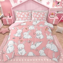 Homewish Funny Rabbit Bunnies Queen Comforter Set for Kids, Kawaii Animal Bedding Sets, Girly Pink Cartoon Reversible Bedding Comforter Set, Luxury Bedroom Decor, 3pcs