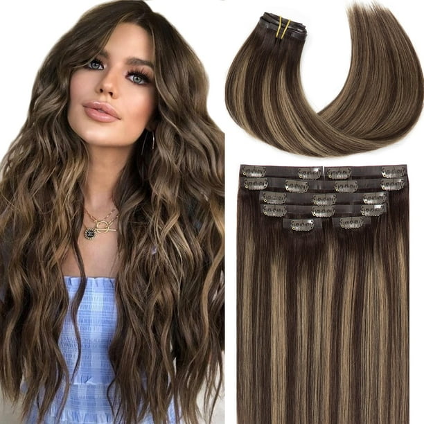 Loxxy Extensiones de cabello ultra sin costuras con clip en trama de poliuretano, extensiones gruesas de cabello humano Remy con raíces de color marrón oscuro a castaño mezclado con extensiones de cab