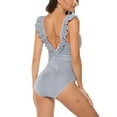 thumbnail image 3 of Ruffle Stripe Ruffle One Piece Swimsuit for Women V Neck Ruched Monokini Bathing Suits, 3 of 7