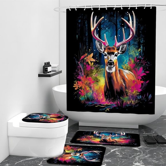 4PCS Deer Bathroom Shower Curtain Set with 12 Hooks for Bathroom Sets Decor, Non-Slip Cat Rugs and Toilet Mat Lid Rug, Durable Waterproof for Bathroom Deer Decor(72x72 Inch) 10