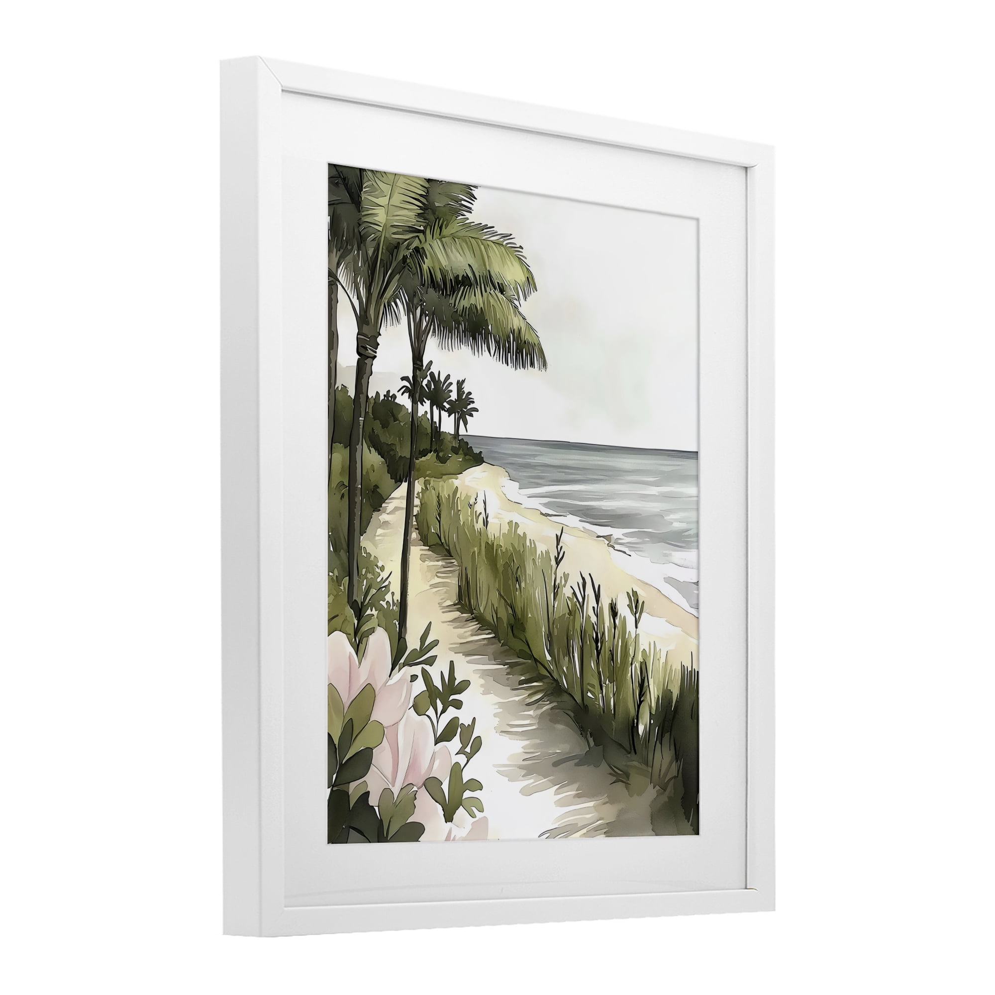 Stupell Industries Coastal Calm Palm Tree Pathway White Framed Print Under Glass, design by Riley B