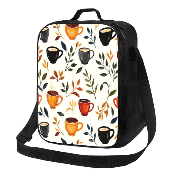 Coffee Cup Fall Leaves Lunch Bag Insulated Thermal Lunch Box with Shoulder Strap & Handle for Women and Men