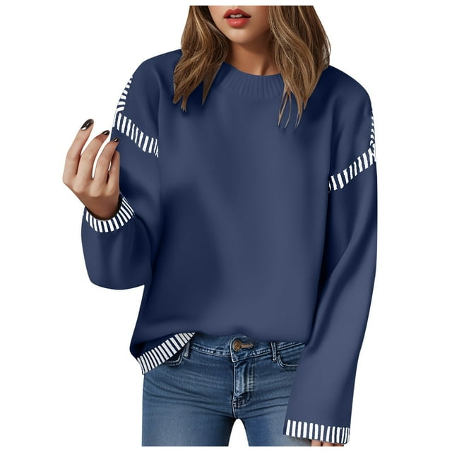 Kogui Chandails pour Femmes Automne Chandails pour Femmes Col Rond Tricot Torsadé Chandail Manches Longues Hauts Automne pour Femmes 2025 (Bleu, m)