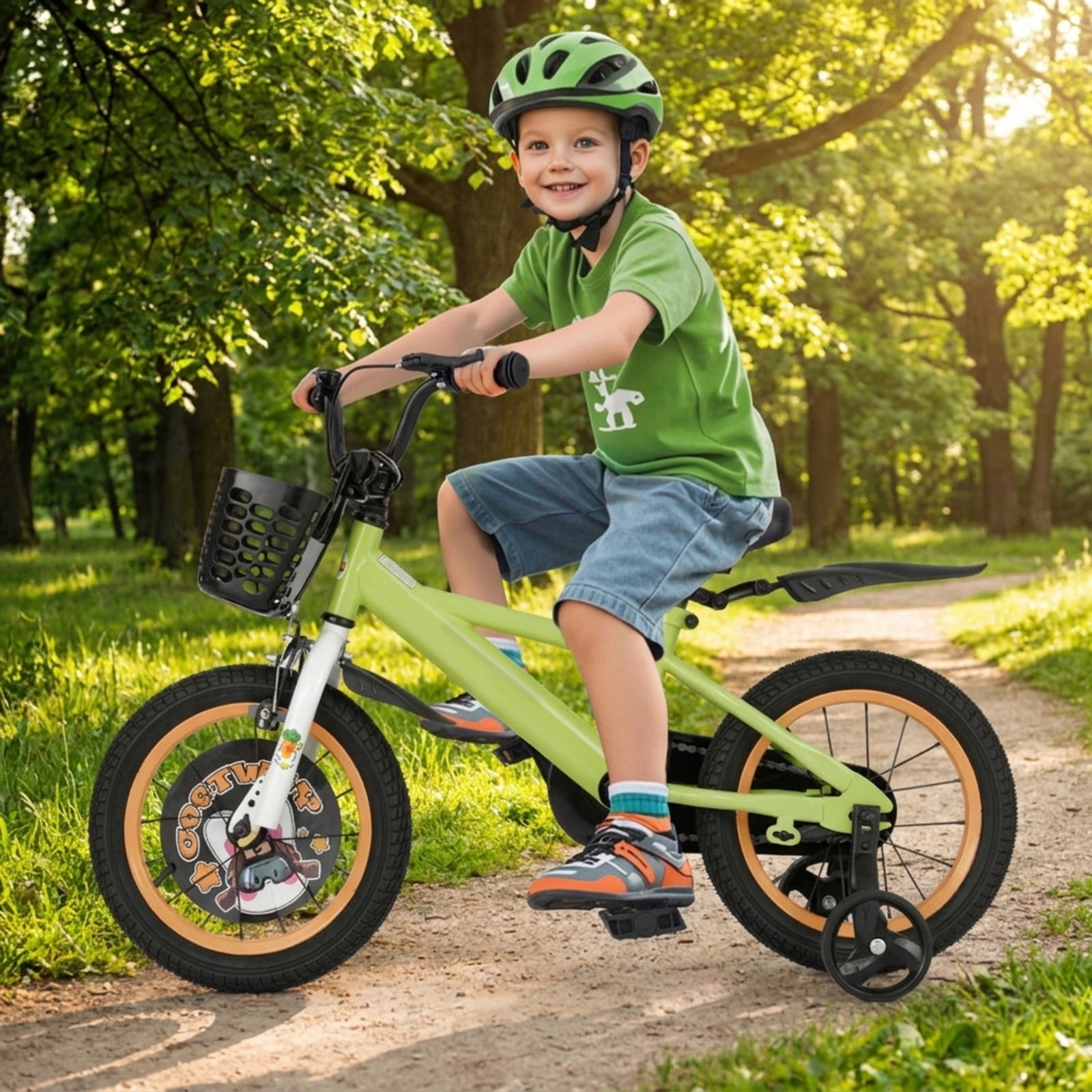Redsmile Kids Bike 12 Inch with Detachable Training Wheels for 3-4 Years Old Boys Girls, Adjustable Kids Bicycle with Storage Basket, Handbrake and Coaster Brake, 12" Toddler Bike, Green