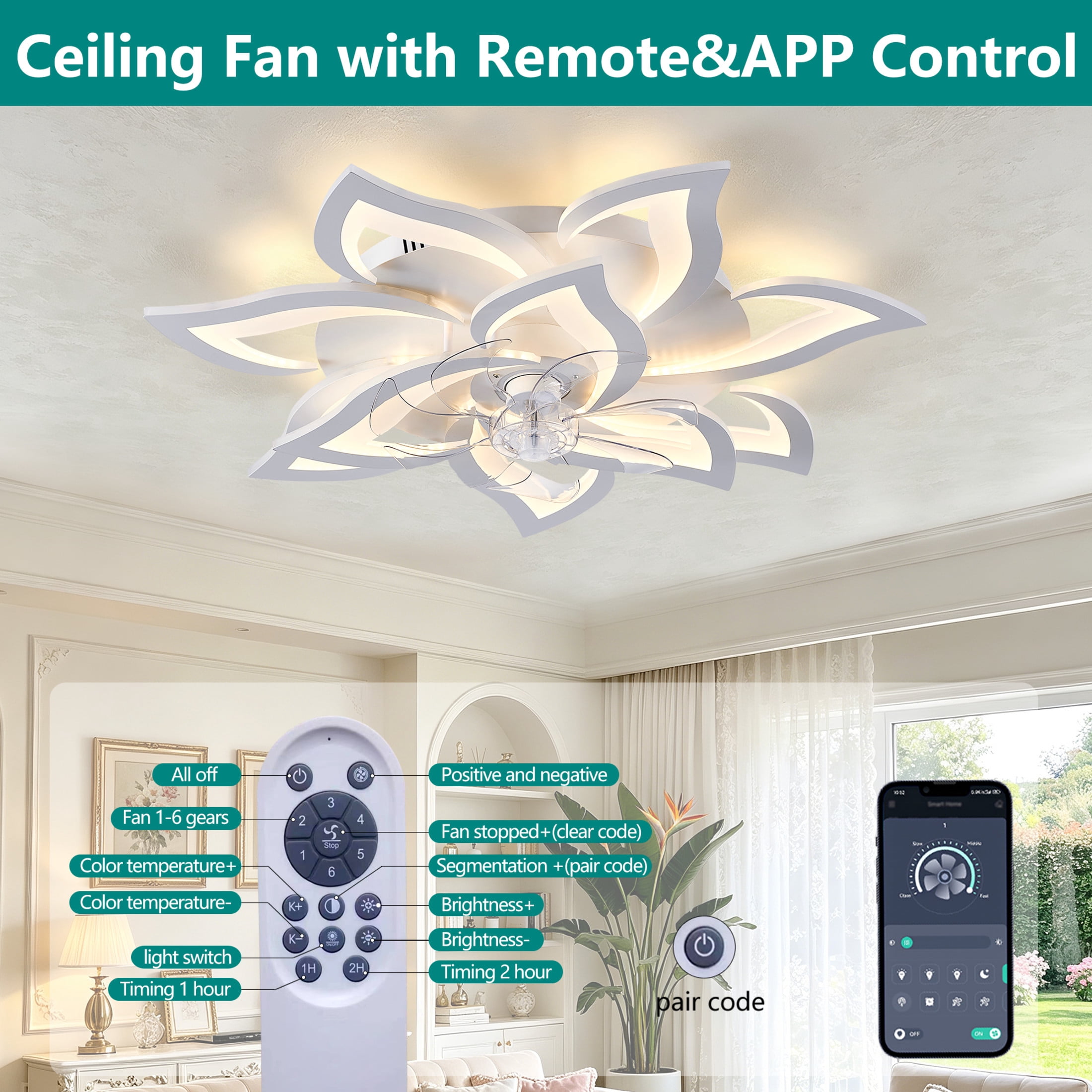 GDF Studio 10-Head Flower Modern Ceiling Fan with LED Lights & Remote Control, Low Profile Flush Mount Fandelier, White