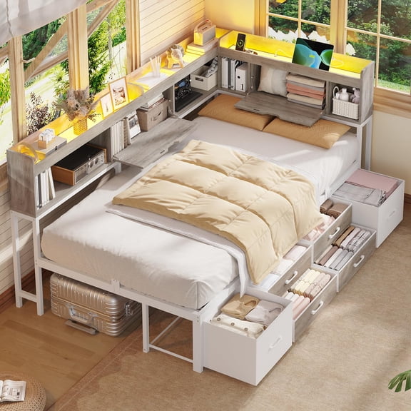 Daybed With Storage L-Shape Bookcase & 6 Drawers Metal Platform Twin Size Bed Small Space Guestroom Furniture Rustic Gray& White