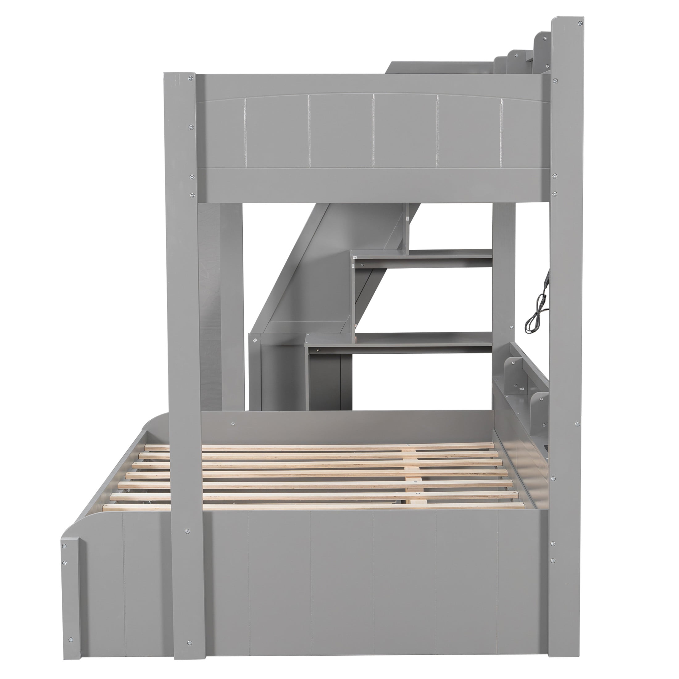 Noble House Aldorin Twin over Full Bunk Bed with Storage Staircase and Trundle, LED Light and Charging Ports, Gray