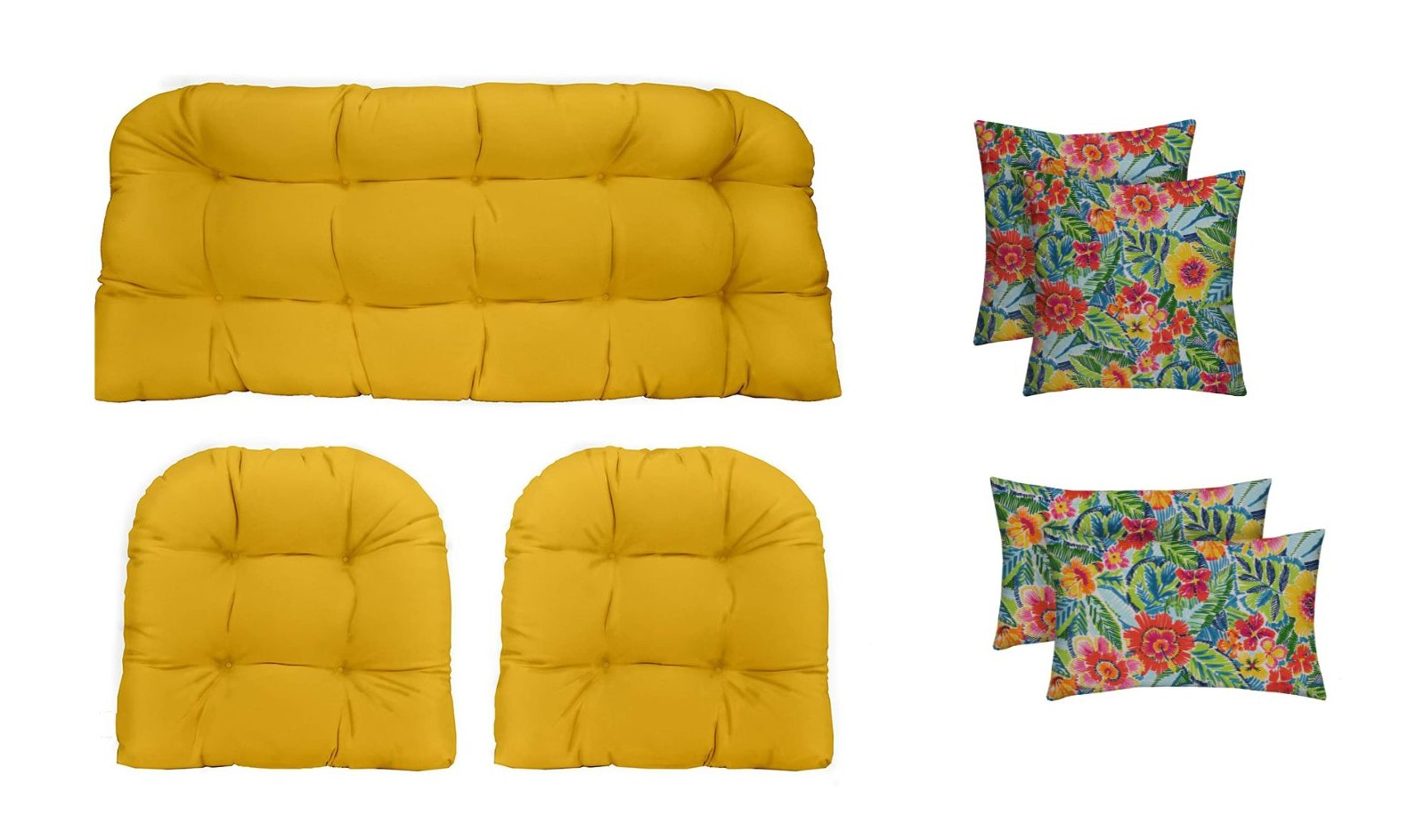 RSH Décor Indoor Outdoor 7 Piece Tufted Wicker Cushion Set + Pillows, Standard, Yellow