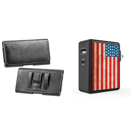 

Holster and Wall Charger Bundle for Samsung Galaxy A13 5G: Eagle Horizontal Belt Pouch Case (Black) and 45W Dual USB Port PD Power Delivery Type-C and USB-A Power Adapter (Vintage American Flag)