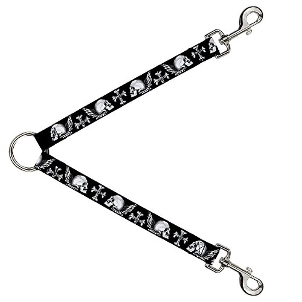 Buckle-Down Leash Splitter - BD Skulls w Wings Black White - 1" Wide - 30" Length