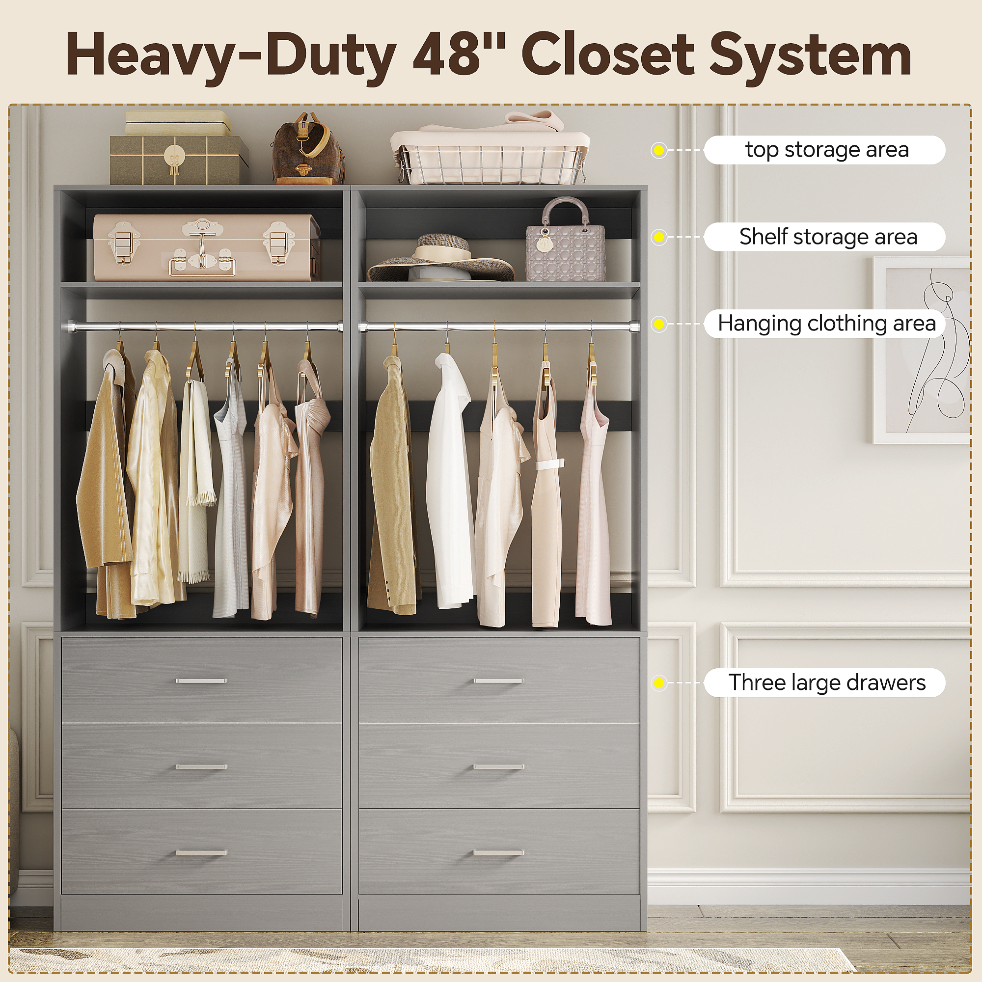 Homieasy 4FT (48 Inch) Closet Organizer System,Set of 2 - 6 Wood Drawers, 2 Hanging Rods & 2 Shelves, Heavy Duty Walk-in Closet Storage,Gray
