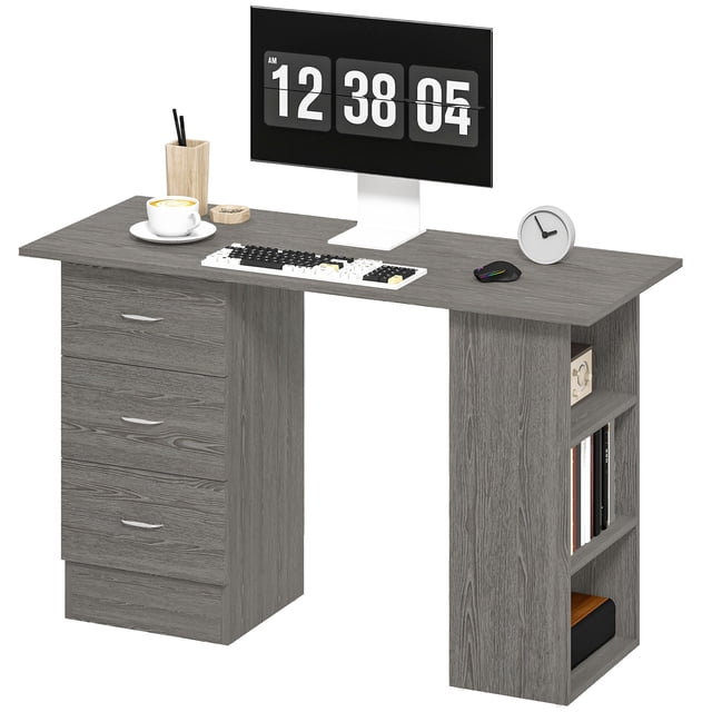 Grey 47" Computer Desk with Shelves & Drawers - Home Office Writing Table for Bedroom, Dorm & Living Room - Modern MDF Workstation