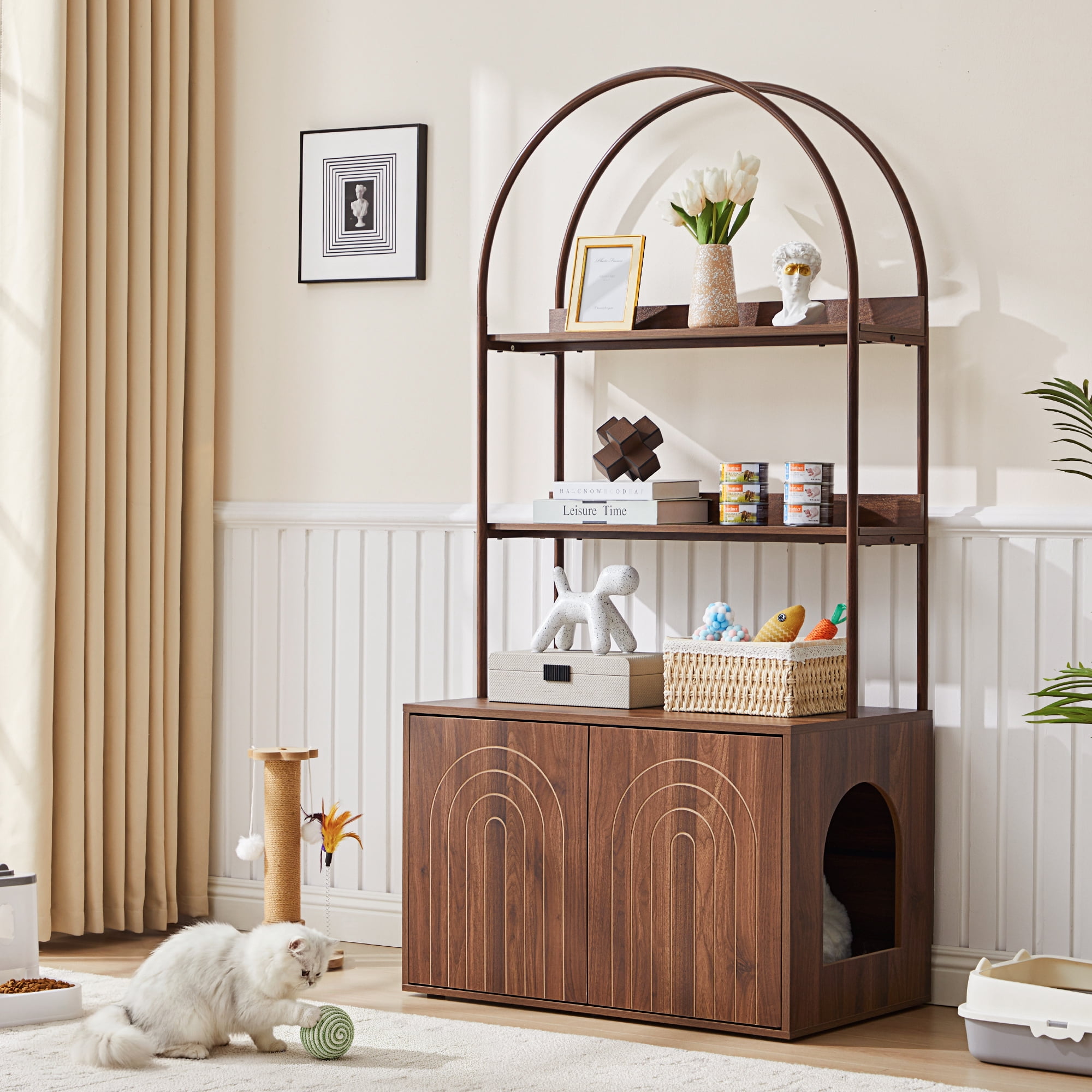 Wirrytor Walnut Cat Litter Box Enclosure With 2-Tier Display Shelves, Hidden Litter Box Furniture With Cat Perch, Modern Arched Pet Cabinet For Home Decor