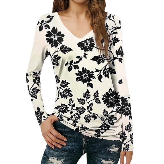 Craaazy Women's Casual V-neck Long Sleeve Slim Floral T-Shirts Gifts