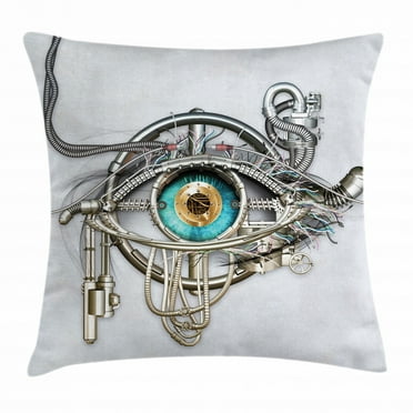 Eye Throw Pillow Cushion Cover, Mechanic Design of an Eye Complex Machinery with Engineering Technology Theme, Decorative Square Accent Pillow Case, 20 X 20 Inches, Grey Turquoise Gold, by Ambesonne