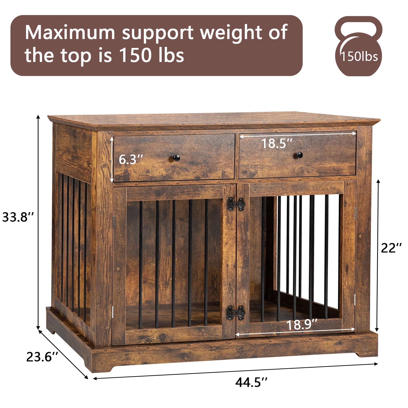 Waleaf 44" Large Dog Crate Kennel Furniture with 2 Storage Drawers for inside, Wooden Pet Cage for Medium Large Dogs