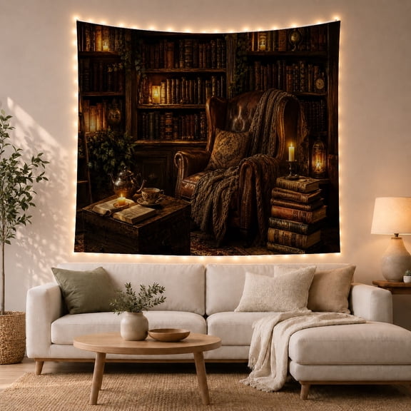 Leather Armchair Inside a Candlelit Library, Cozy Vintage for Readers, Literary Home Decor, Graduation Gift, Tapestry Wall Hanging for Study Room and Reading Nook