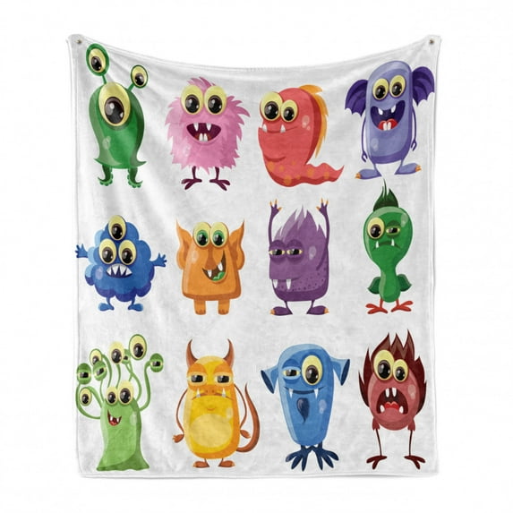 Funny Soft Flannel Fleece Throw Blanket, Animated Bacteria Aliens Theme Germ Whimsical Cartoon Monsters Humor Faces Graphic, Cozy Plush for Indoor and Outdoor Use, 50" x 60", Multicolor, by Ambesonne