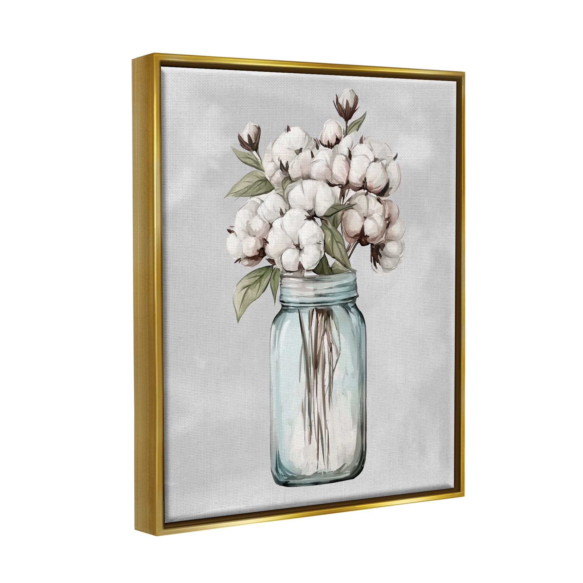 Stupell Industries Cotton Flower Sprigs Farmhouse Jar Botanical & Floral Painting Gold Floater Framed Art Print Wall Art