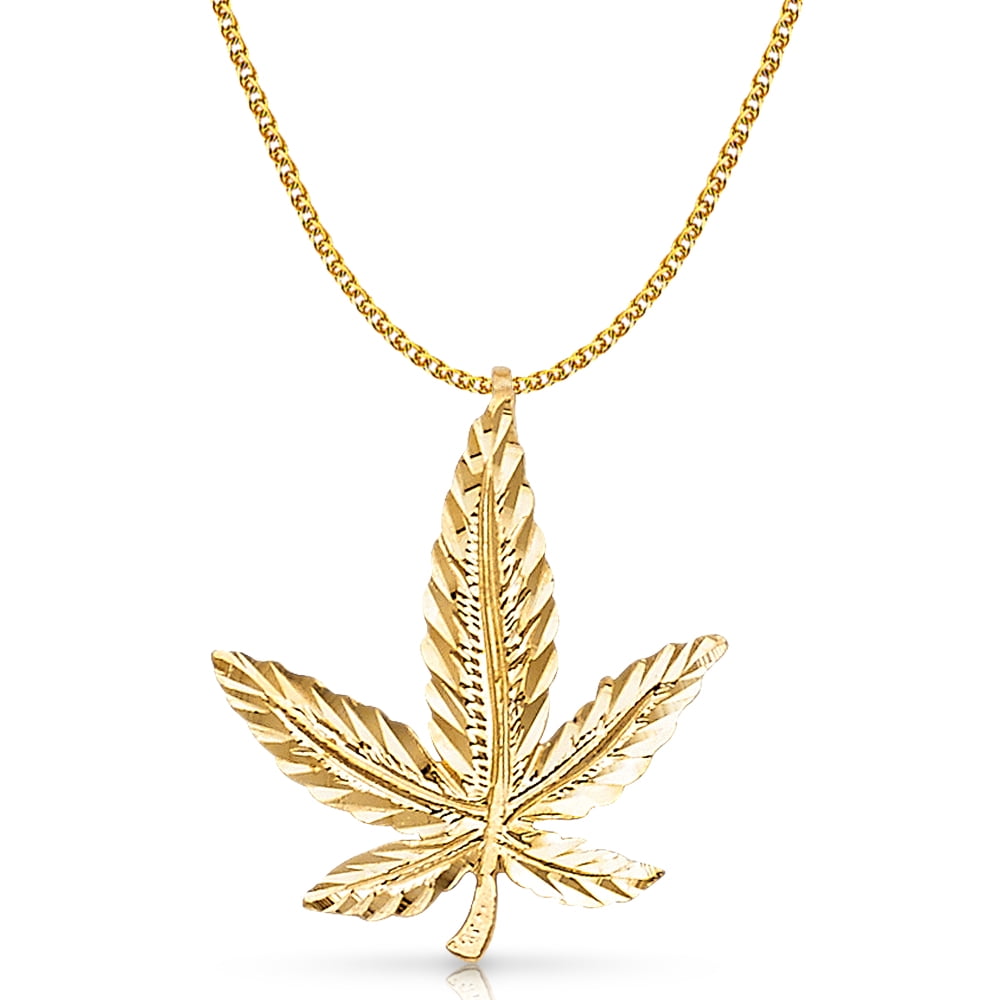 14K Yellow Gold Marijuana Leaf Charm Pendant with 1.5mm Flat Open Wheat Chain Necklace