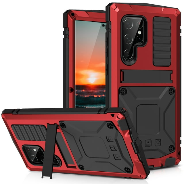 Dteck Galaxy S22 Ultra Rugged case,Metal Bumper Built-in Screen Protector&Stand Water Resistant dustproof and Drop-Proof,Heavy Duty Rugged Military Cover for Samsung S22 Ultra 6.8",Red