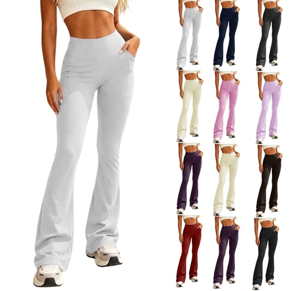 Akmaiox Flare Leggings for Women, Tummy Control Stretchy High Waist Yoga Pants with Pockets, Casual Slim Wide Leg Gym Workout Gym Pants S-2XL