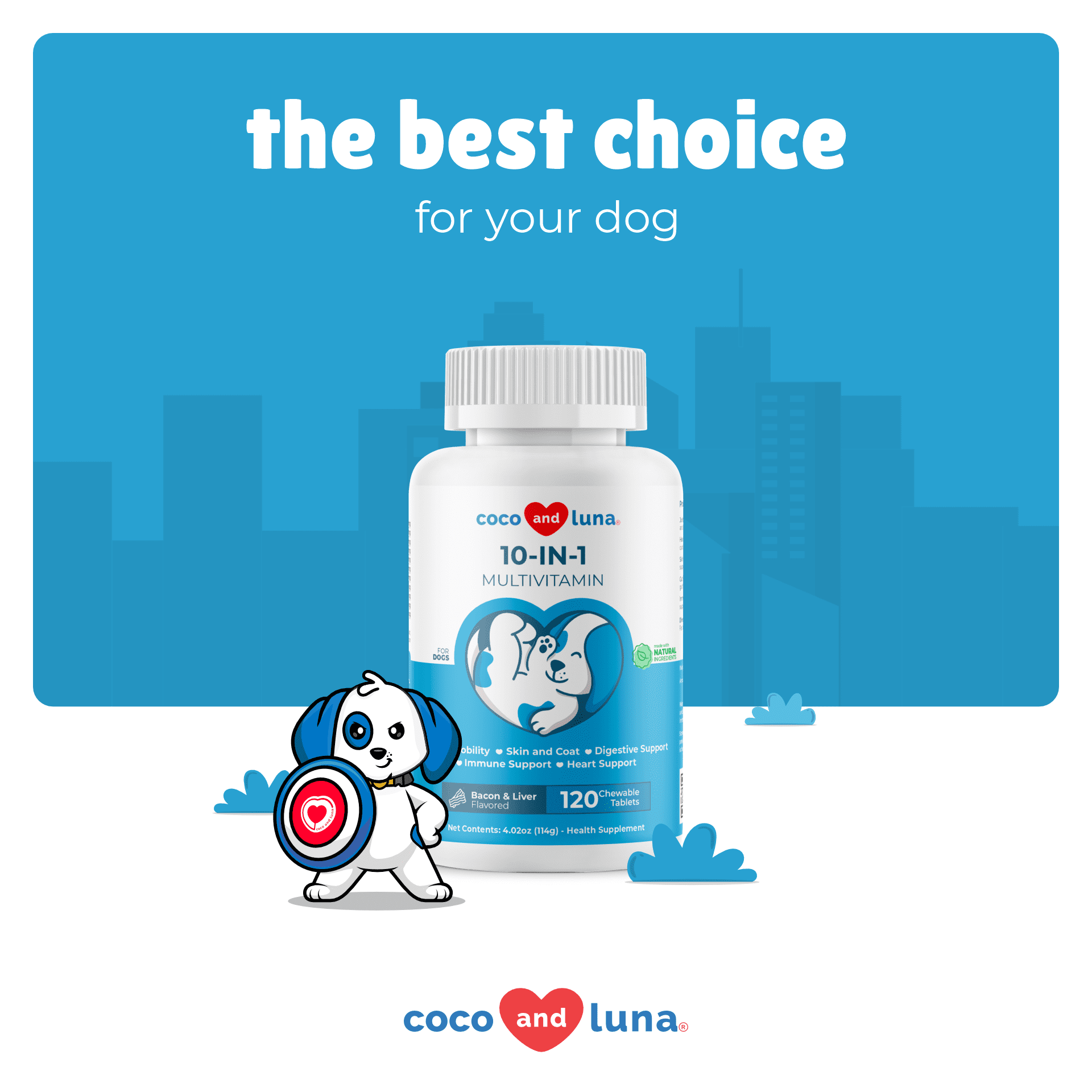 Coco and Luna 10 in 1 Multivitamin for Dogs - 120 Chewable Tablets - Hip and Joint Support with Glucosamine and Chondroitin - Omega Fish Oil & Vitamins with Coq10 for Skin & Heart Health