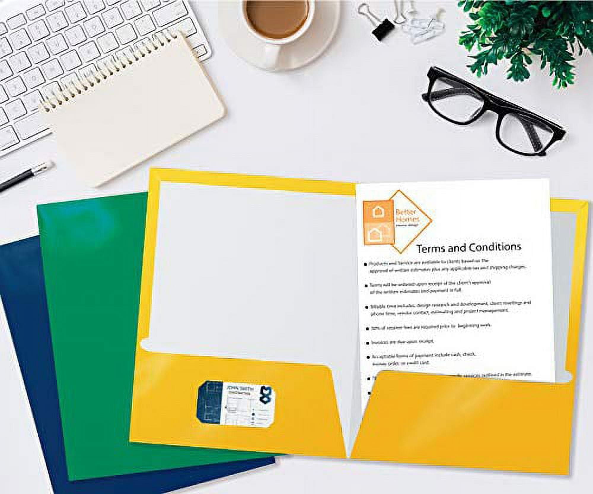 2 Pocket Glossy Laminated Paper Folders, Assorted Colors, Letter Size, Paper Portfolios by Better Office Products, Box of 25 Assorted Color Folders (no prongs)