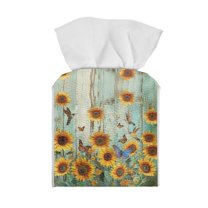ZUXONGSY Sunflower Wood Square Tissue Box Cover 2 Piece PU Leather Tissue Cube Box Cover Full Coverage Design Tissue Box Cover Case Decorative Holder Organizer Washroom Decor