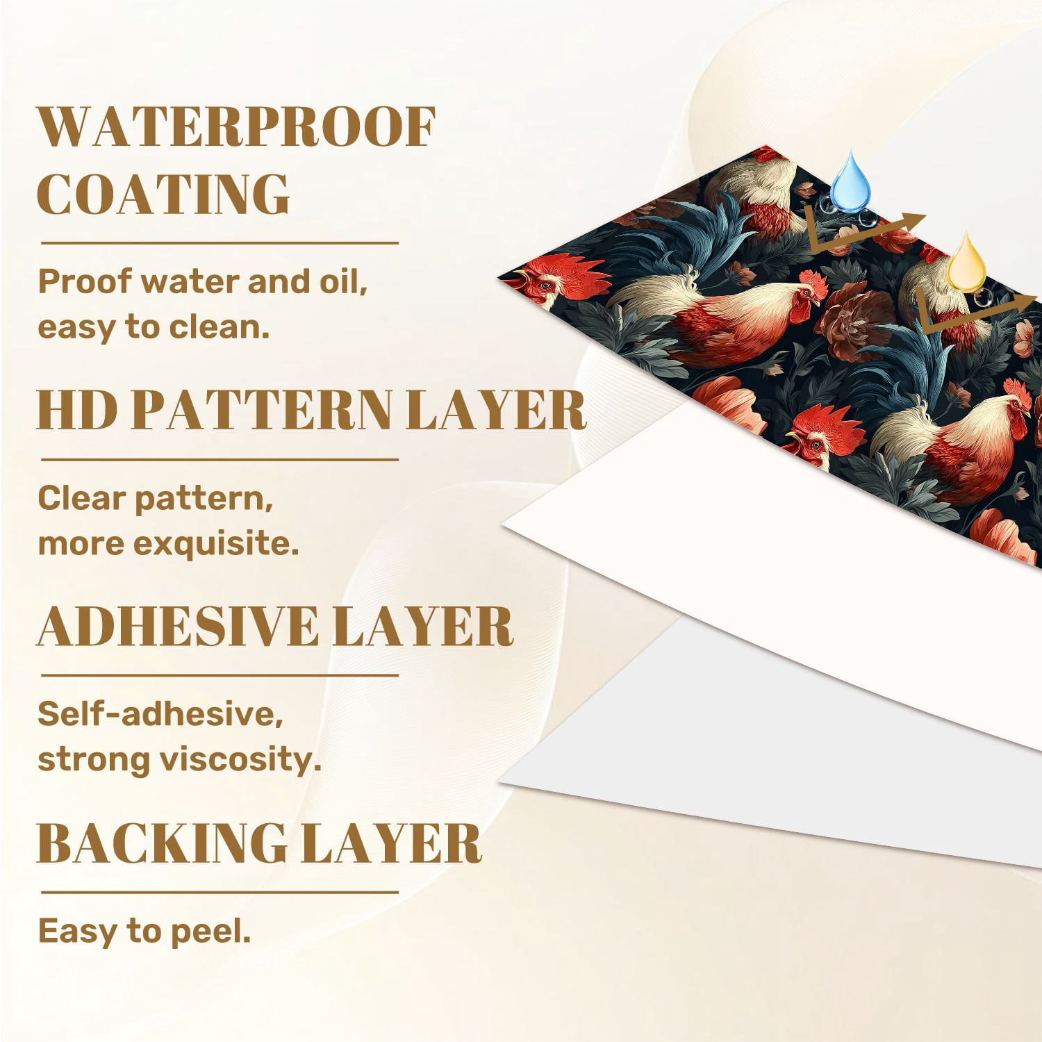Chicken Peel and Stick Wallpaper Roosters Floral Vintage Botanical Style Wall Mural 17.7in x 9.8ft Self Adhesive Removable Wall Paper Renter Friendly Wallpaper for Nursery Bedroom Cabinets