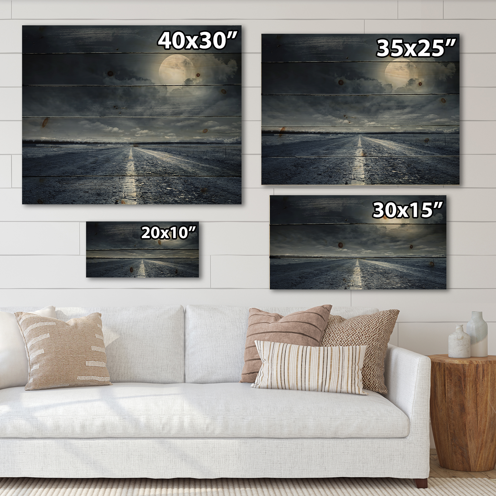 Designart 'Cloudy Full Moon Over Asphalt Road I' Nautical & Coastal Print on Natural Pine Wood