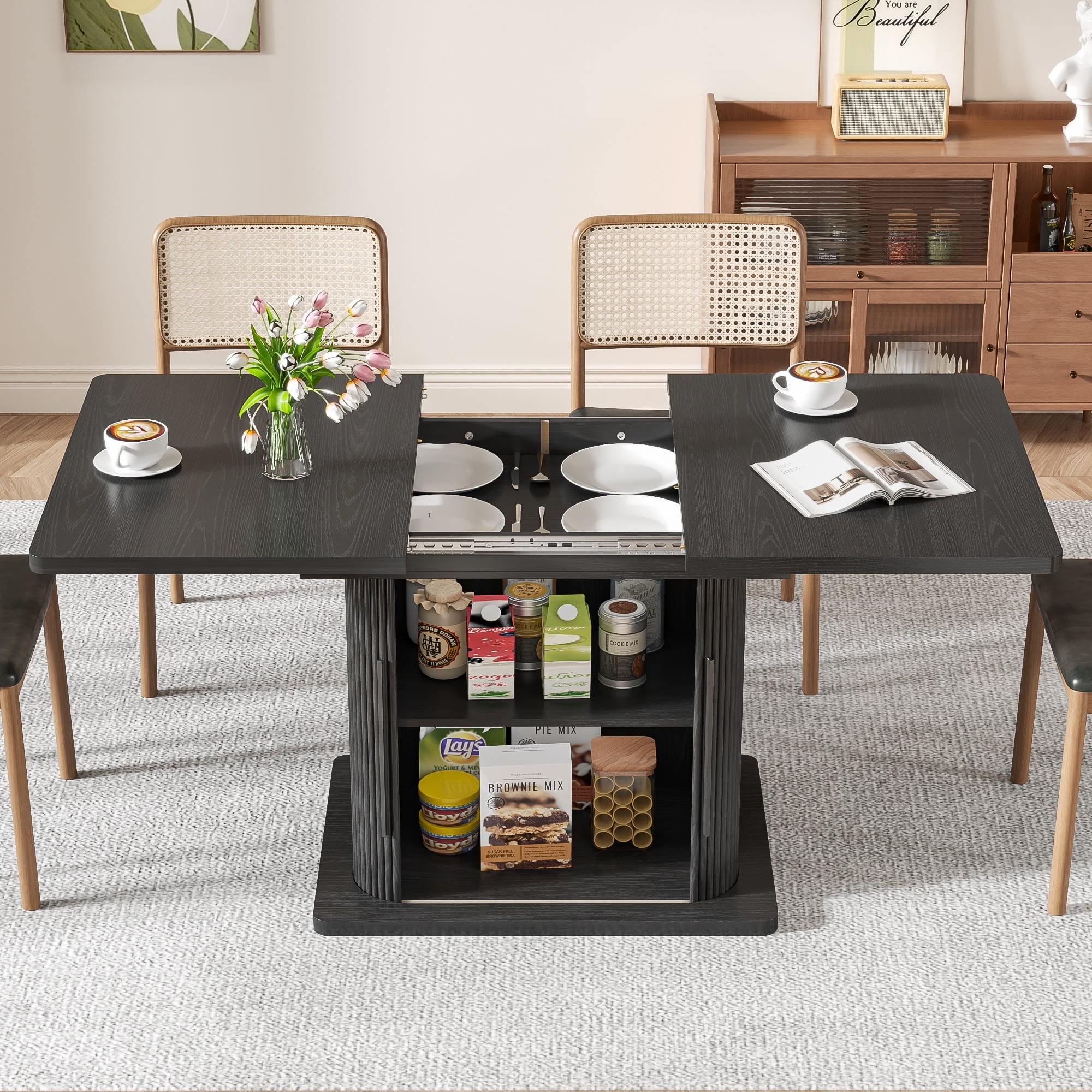 Extendable Dining Table, Rectangle Kitchen Table with Storage Shelf, Modern Dining Room Table, Living Room, Office, Black