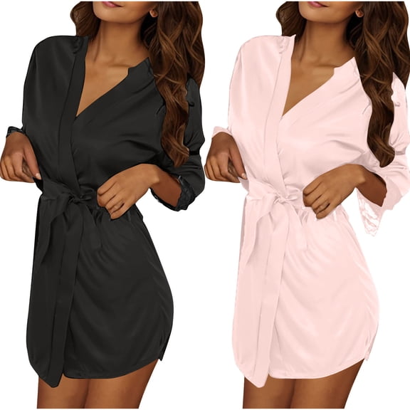 Wensltd 2PC Women Bathrobe Stylish Solid Color Lace Trim Robe Relaxed Fit Sleepwear All Season Home Wear