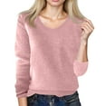 thumbnail image 3 of Knit Sweaters for Women V Neck Loose Long Sleeve Winter Warm Wool Knit Pullover Tops Cozy Tunic Sweater Pink M, 3 of 4