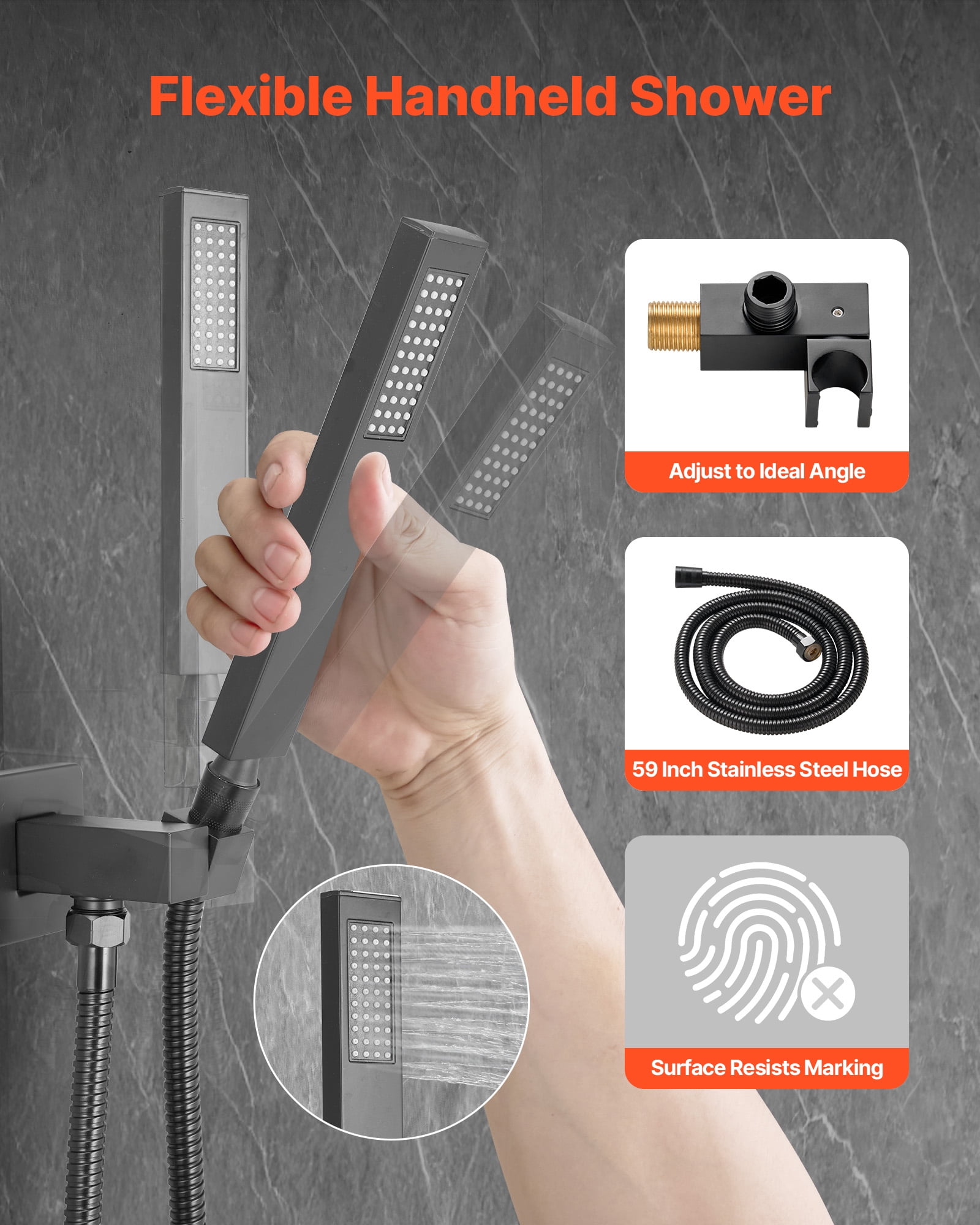 VEVOR Shower Faucet Set, Rainfall Bathroom Shower System with 12-Inch Square Rain Shower Head and Handheld Spray, Ceiling Mount Bath Fixtures with Brass Valve and Trim Kit, Matte Black