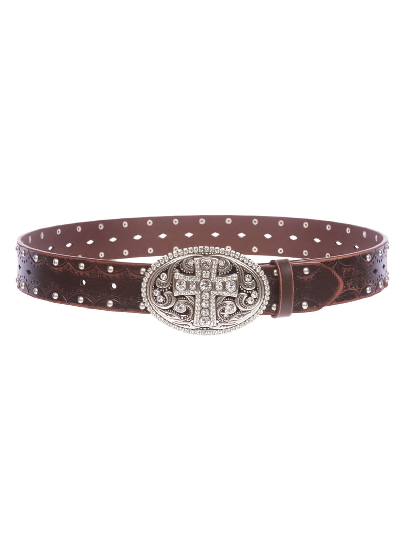 Brown Embossed Leather and Rhinestone Cross Belt Amazon.com: Beltiscool Studded Perforated Embossed Leather  main image 3